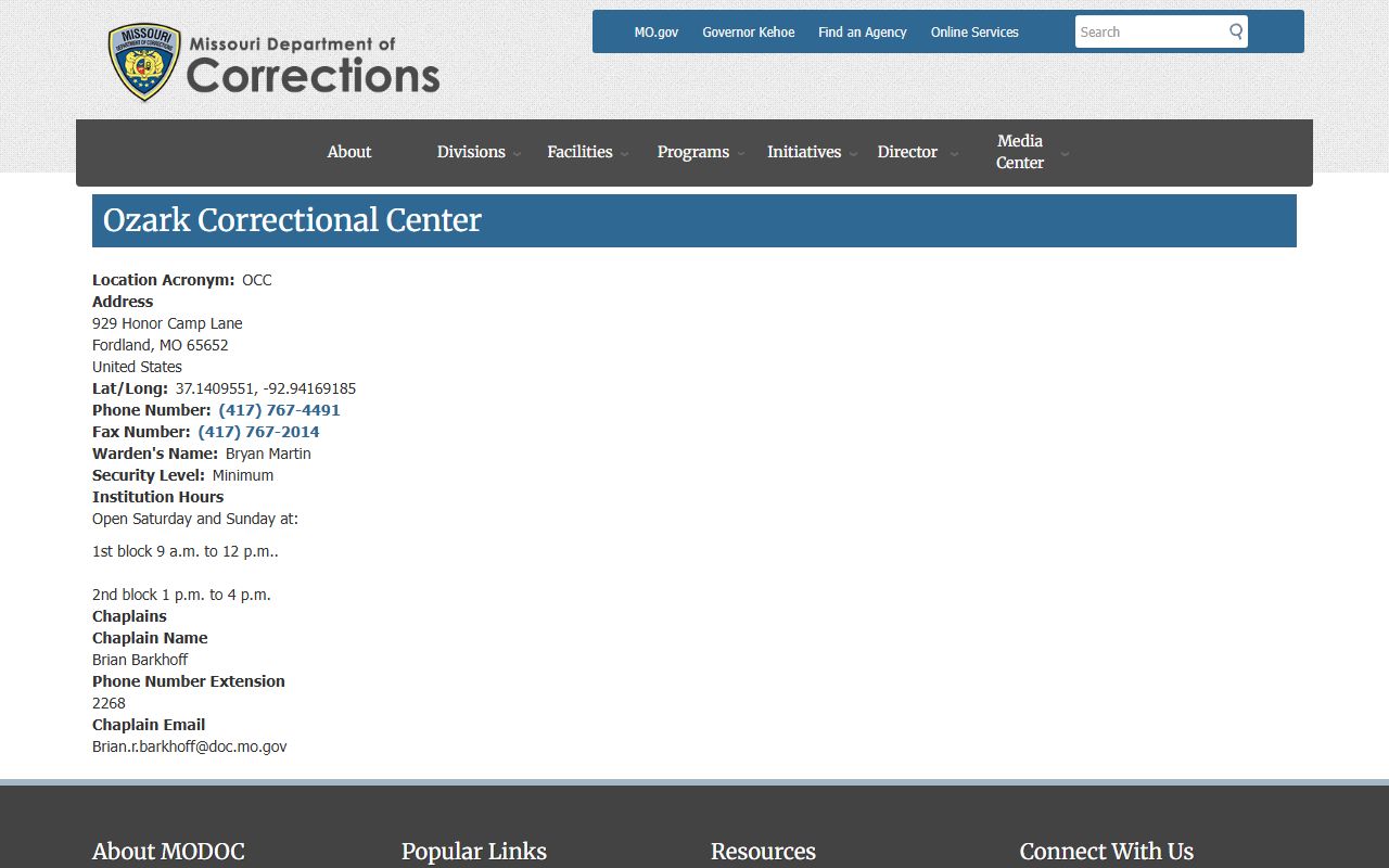Missouri DOC Ozark Correctional Center facility information page