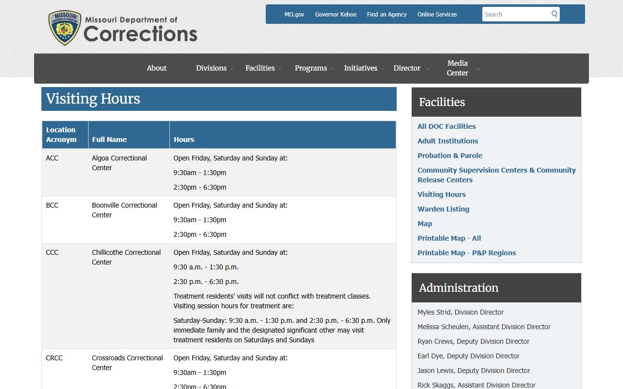 Missouri DOC visiting hours page showing OCC weekend visiting blocks