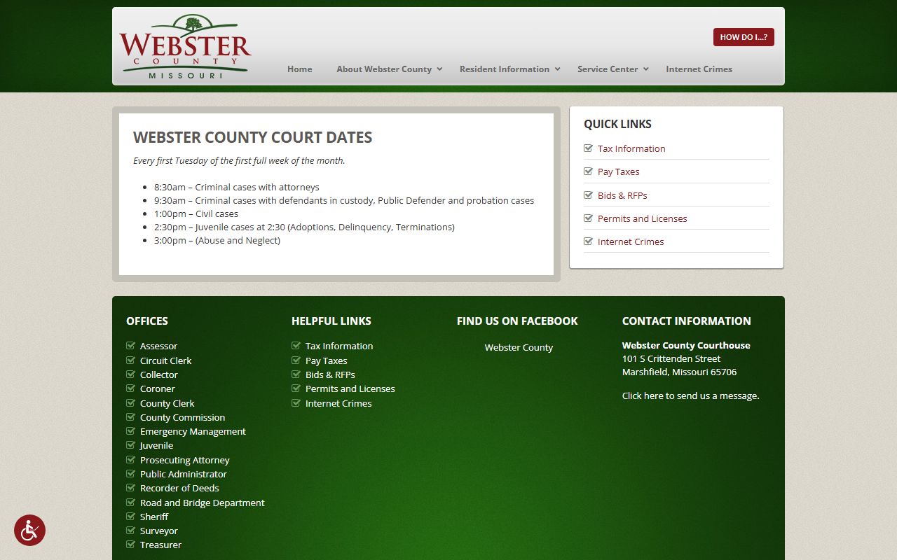 Webster County court dates for in-custody criminal cases after jail arrest